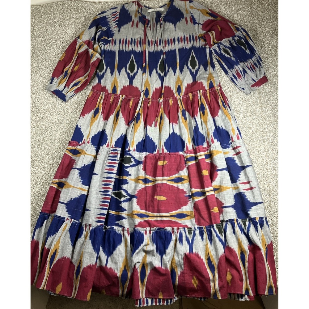 Kleed Long Aztec Pattern Tiered Maxi Dress Size Small w/ Pockets Southwestern